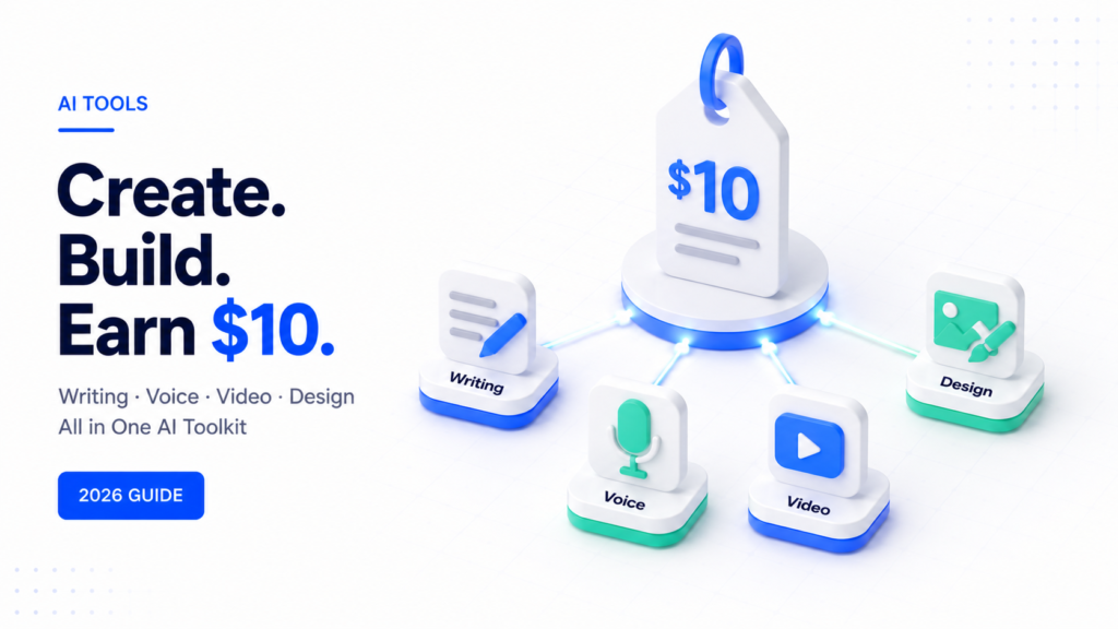 3D minimalist illustration showing affordable AI tools under $10 per month for writing, voice, design, and video workflows in 2026
