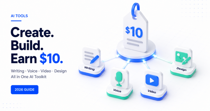 3D minimalist illustration showing affordable AI tools under $10 per month for writing, voice, design, and video workflows in 2026