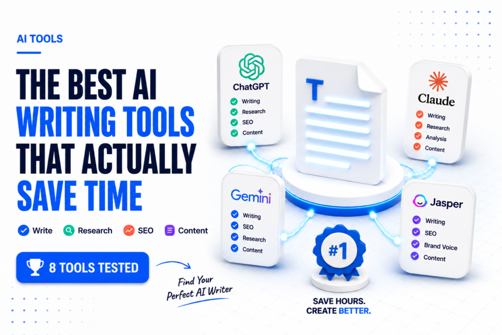 3D minimalist illustration of AI writing tool icons including a document, pen, and search magnifier representing the best AI writing tools in 2026