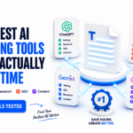 3D minimalist illustration of AI writing tool icons including a document, pen, and search magnifier representing the best AI writing tools in 2026