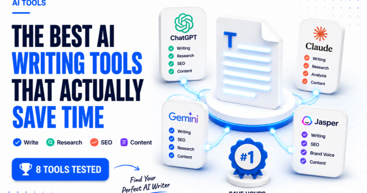 3D minimalist illustration of AI writing tool icons including a document, pen, and search magnifier representing the best AI writing tools in 2026