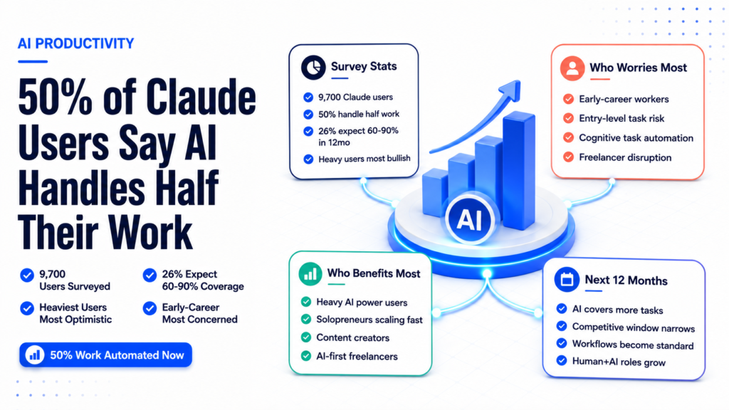 Infographic showing Anthropic survey results where half of Claude users say AI can already handle 50 percent or more of their work tasks in 2026