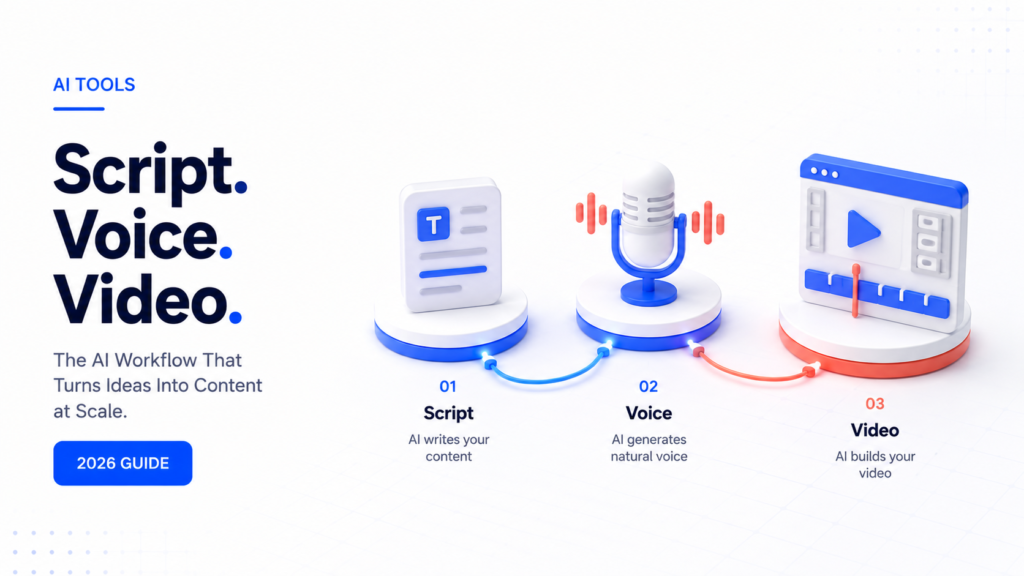 Illustration showing AI workflow icons for building a faceless YouTube channel with AI, including script, voice, and video editing elements