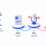 Illustration showing AI workflow icons for building a faceless YouTube channel with AI, including script, voice, and video editing elements