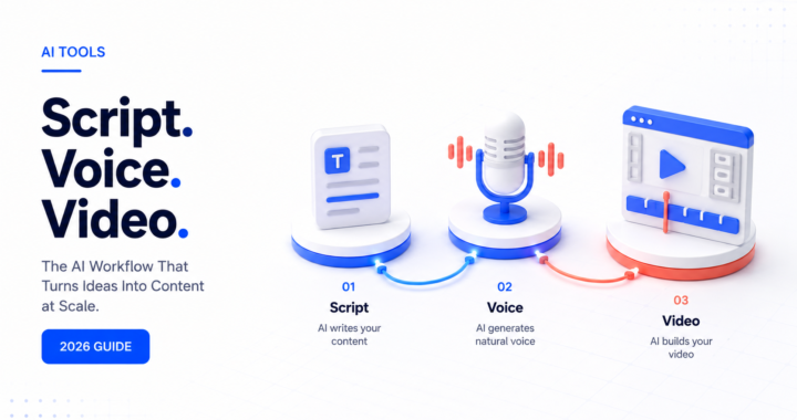 Illustration showing AI workflow icons for building a faceless YouTube channel with AI, including script, voice, and video editing elements