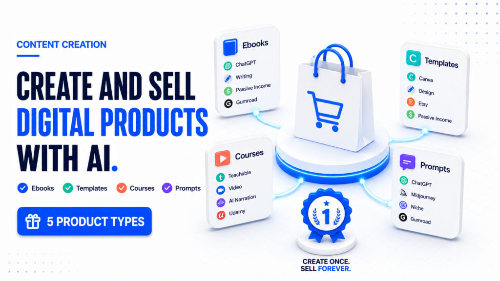 Premium SaaS editorial illustration showing AI tools for creating and selling digital products including ebooks, templates, courses, and prompt packs in 2026
