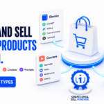 Premium SaaS editorial illustration showing AI tools for creating and selling digital products including ebooks, templates, courses, and prompt packs in 2026