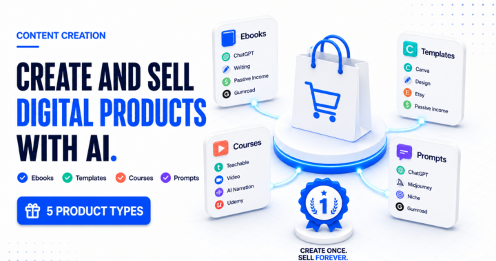 Premium SaaS editorial illustration showing AI tools for creating and selling digital products including ebooks, templates, courses, and prompt packs in 2026