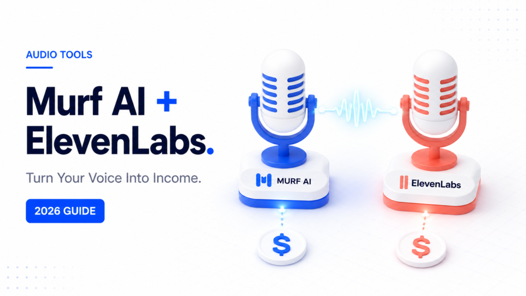 3D minimalist illustration of Murf AI and ElevenLabs microphone icons connected by an audio waveform, representing AI voiceover income opportunities in 2026