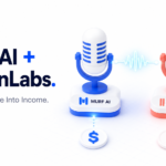 3D minimalist illustration of Murf AI and ElevenLabs microphone icons connected by an audio waveform, representing AI voiceover income opportunities in 2026