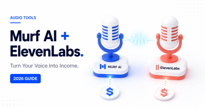 3D minimalist illustration of Murf AI and ElevenLabs microphone icons connected by an audio waveform, representing AI voiceover income opportunities in 2026