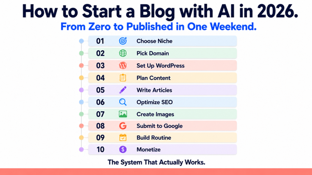 Step-by-step guide on how to start a blog with AI tools in 2026 including WordPress, ChatGPT, Claude, and Yoast SEO