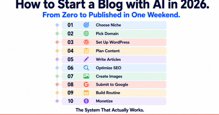 Step-by-step guide on how to start a blog with AI tools in 2026 including WordPress, ChatGPT, Claude, and Yoast SEO