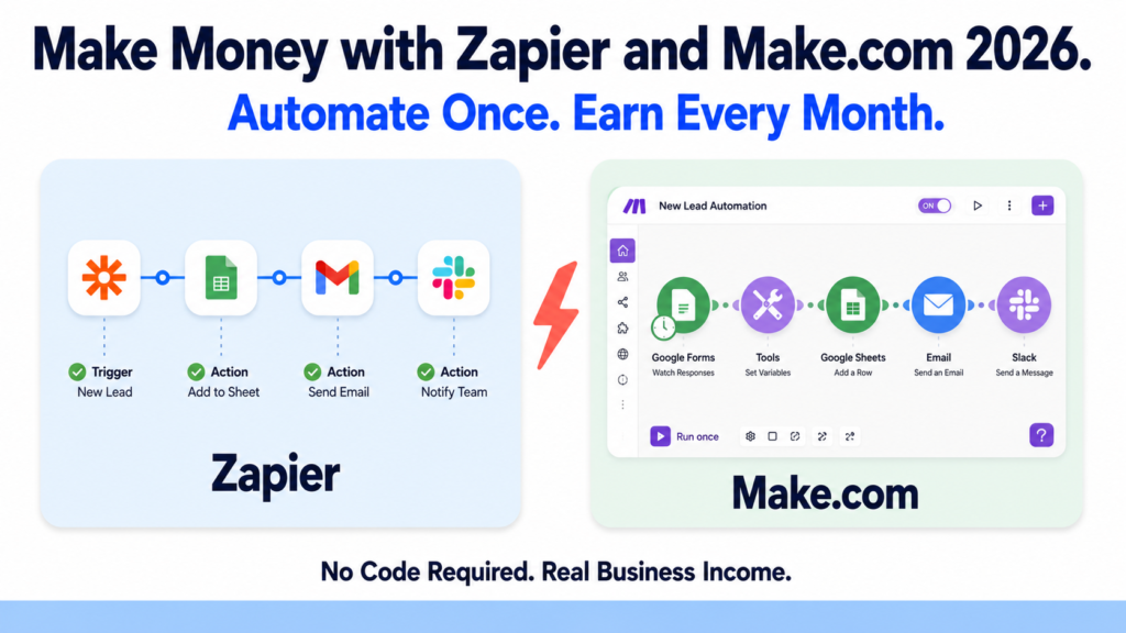 Make money with Zapier and Make.com by offering no-code automation services to small businesses in 2026
