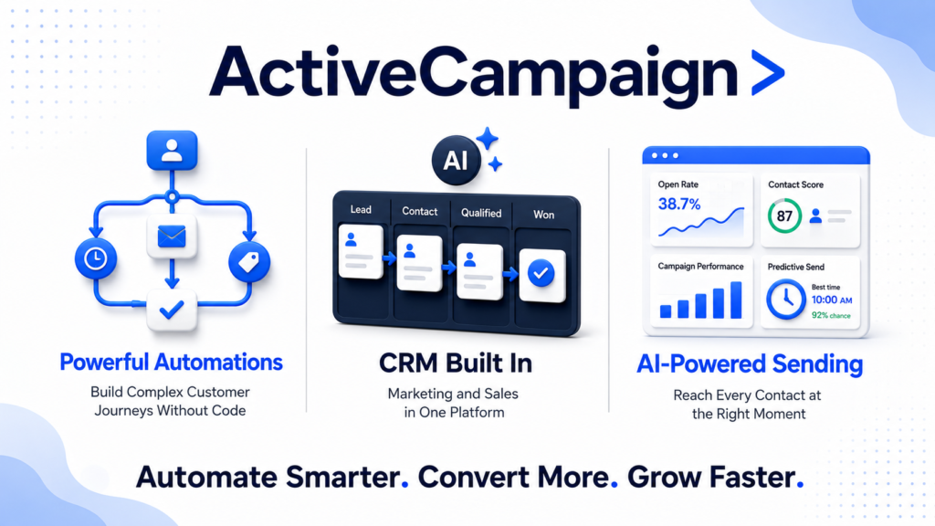 ActiveCampaign review 2026 covering pricing, automation features, pros and cons for small businesses and B2B teams