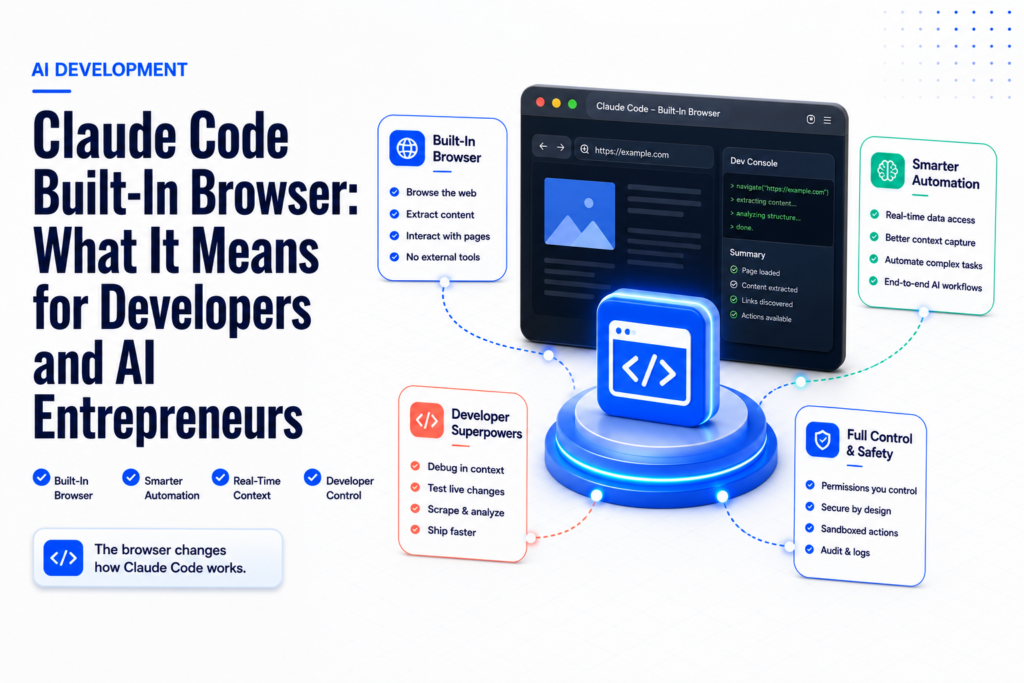 Editorial illustration showing Claude Code's built-in browser with AI developer tools, browser automation features, real-time web interaction, and workflow cards for developers and AI entrepreneurs.