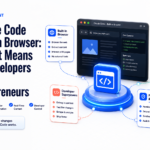 Editorial illustration showing Claude Code's built-in browser with AI developer tools, browser automation features, real-time web interaction, and workflow cards for developers and AI entrepreneurs.