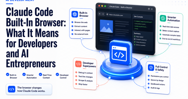Editorial illustration showing Claude Code's built-in browser with AI developer tools, browser automation features, real-time web interaction, and workflow cards for developers and AI entrepreneurs.