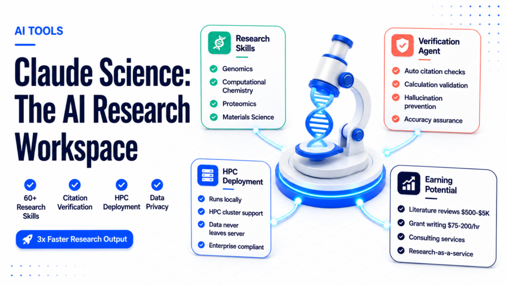 Claude Science AI research workspace showing floating feature cards for genomics skills, citation verification, and HPC deployment