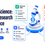Claude Science AI research workspace showing floating feature cards for genomics skills, citation verification, and HPC deployment