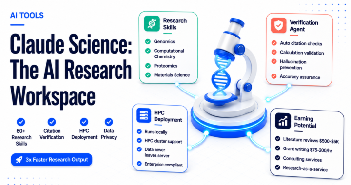Claude Science AI research workspace showing floating feature cards for genomics skills, citation verification, and HPC deployment
