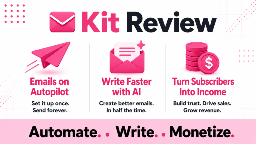 Kit ConvertKit review 2026 ad-style graphic showing email automation and creator monetization features