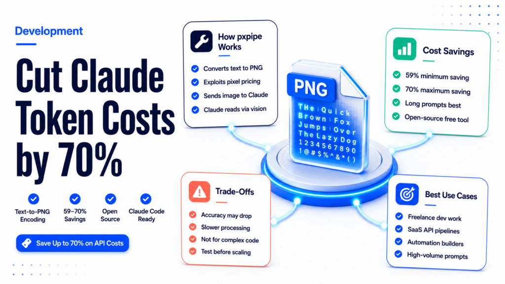 Claude Code token costs reduced by pxpipe tool showing PNG encoding workflow and floating savings comparison cards