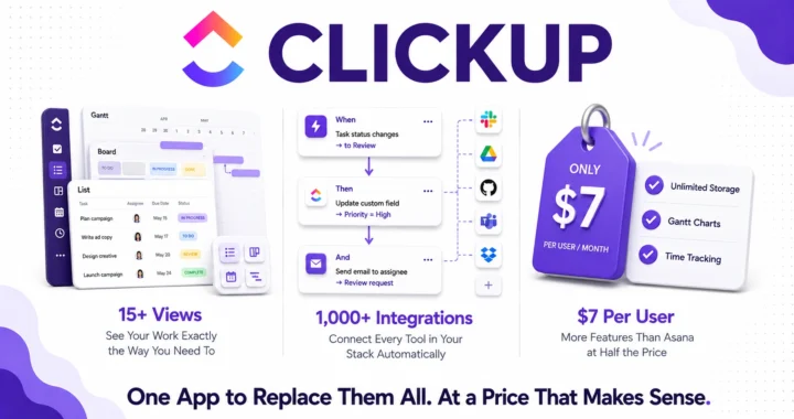 ClickUp review 2026 covering pricing from free to $12 per user, features, pros and cons compared to Notion and Asana