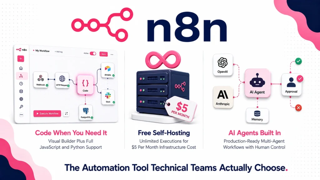 n8n review 2026 covering self-hosted free tier, cloud pricing, AI agent features, pros and cons versus Zapier and Make.com