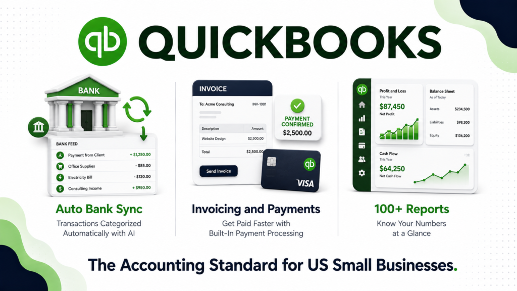 QuickBooks review 2026 covering pricing plans, features, pros and cons for small businesses and freelancers