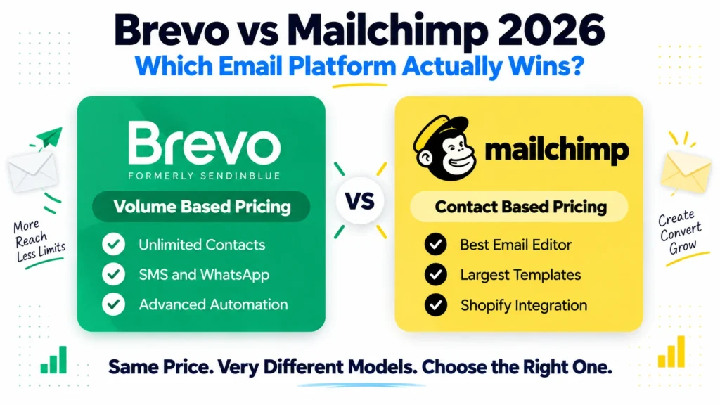 Brevo vs Mailchimp comparison 2026 covering pricing models, automation, multichannel features, and which platform wins for different business types