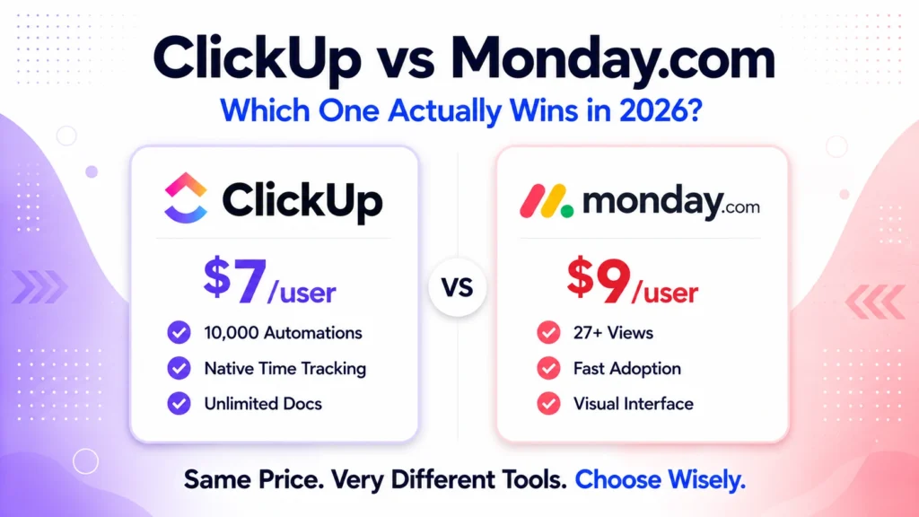 ClickUp vs Monday.com comparison 2026 covering pricing, features, automations, ease of use and which team should choose each platform