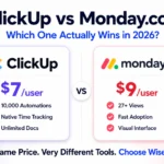 ClickUp vs Monday.com comparison 2026 covering pricing, features, automations, ease of use and which team should choose each platform