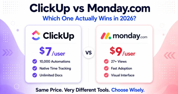 ClickUp vs Monday.com comparison 2026 covering pricing, features, automations, ease of use and which team should choose each platform