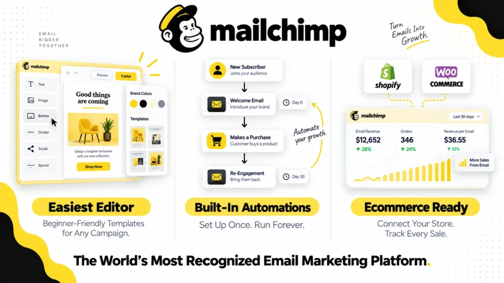 Mailchimp review 2026 covering pricing from $13 per month, free plan cuts, email editor features, pros and cons versus Brevo and Kit