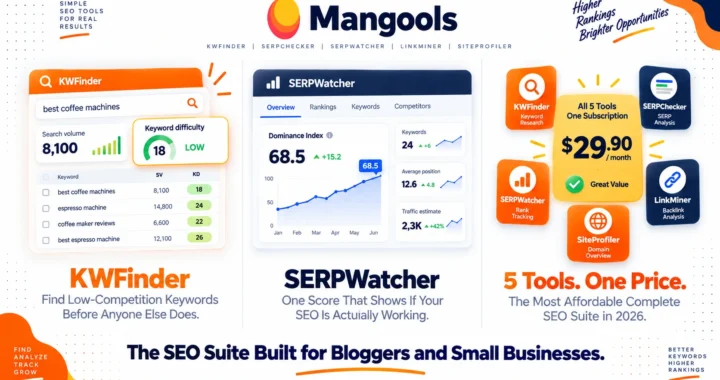 Mangools review 2026 covering KWFinder pricing from $29.90 per month, five SEO tools, pros and cons versus Ahrefs and Semrush for bloggers and small businesses