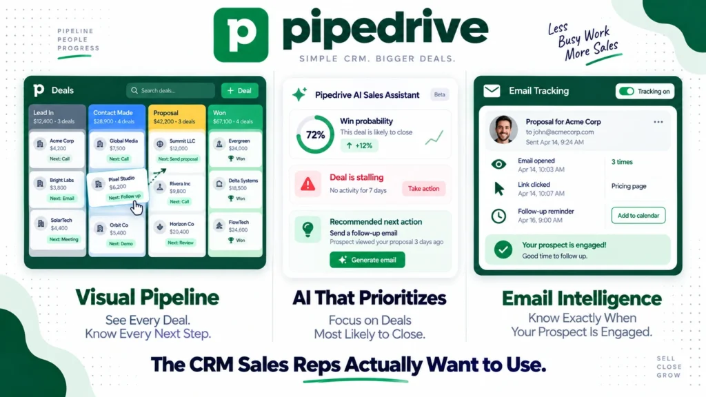 Pipedrive review 2026 covering pricing from $14 to $79 per user, visual pipeline features, AI Sales Assistant, pros and cons versus HubSpot and Salesforce