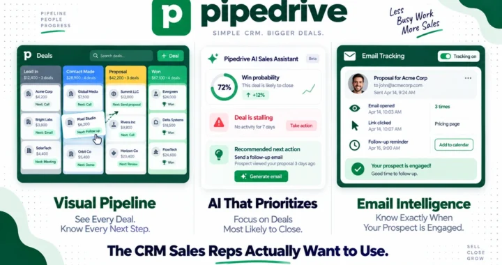Pipedrive review 2026 covering pricing from $14 to $79 per user, visual pipeline features, AI Sales Assistant, pros and cons versus HubSpot and Salesforce