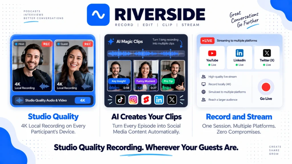 Riverside.fm review 2026 covering pricing from free to $24 per month, local recording technology, AI features, pros and cons for podcasters and video creators