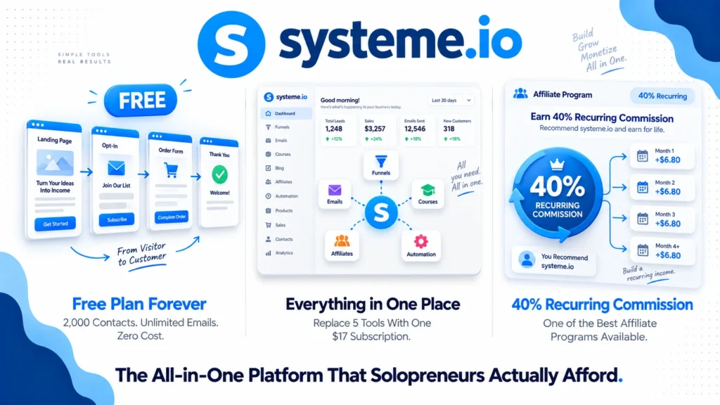 Systeme.io review 2026 covering free plan, pricing from $17 per month, funnel builder, email marketing, and course features for solopreneurs