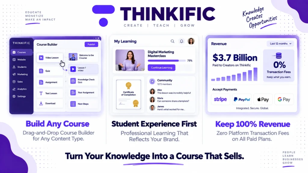Thinkific review 2026 covering pricing from $36 to $199 per month, course builder features, free plan changes, pros and cons versus Kajabi and Teachable