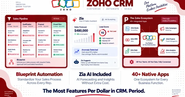 Zoho CRM review 2026 covering pricing from free to $52 per user, Zia AI features, Blueprint automation, pros and cons versus HubSpot and Salesforce