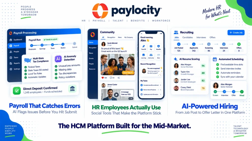 Paylocity review 2026 covering custom pricing, Ignite AI, payroll features, employee experience tools, pros and cons versus Rippling and ADP
