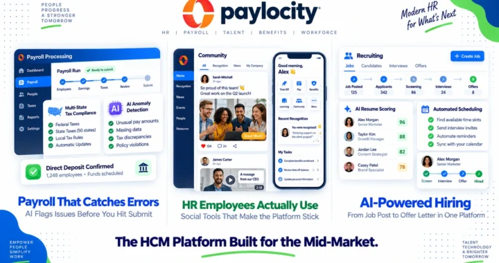 Paylocity review 2026 covering custom pricing, Ignite AI, payroll features, employee experience tools, pros and cons versus Rippling and ADP